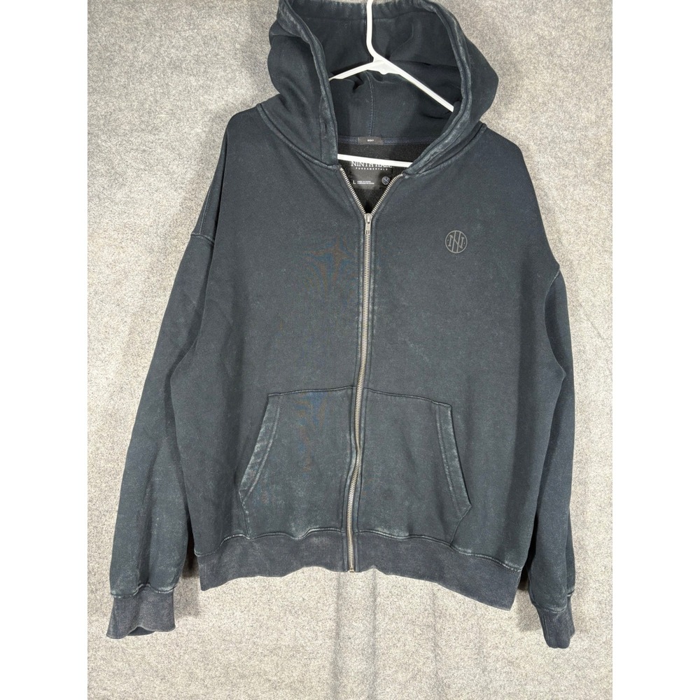 Ninth Hall Fundamentals Mens Boxy Zip Up Hoodie Washed Black Organic Cotton L